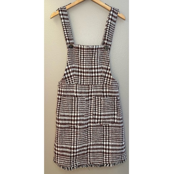 NWT Tea N Rose Brown and White Overall Houndstooth Pinafore Dress Raw Hem - Picture 10 of 12